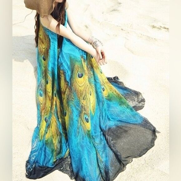 Stunning PEACOCK Feather Animal Print Sleeveless Chiffon Maxi Shift Kaftan Dress - Picture 4 of 9